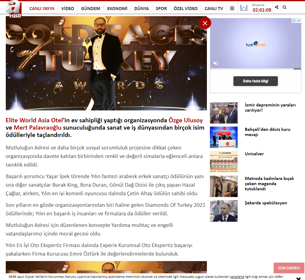 A Haber: Experix Kurumsal Oto Ekspertiz yılın en iyi oto ekspertiz firması seçildi