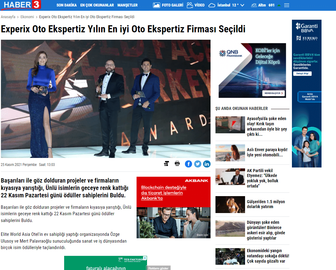 Haber3: Experix Oto Ekspertiz yılın en iyi oto ekspertiz firması seçildi